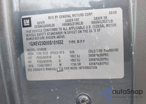 2009 Chevrolet Traverse Lt from USA, damaged, VIN 1GNEV23D09S101632